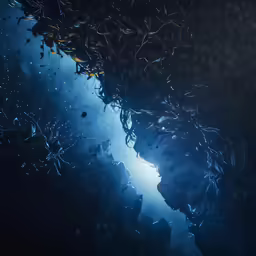 a picture of water at night, some light shine on the wall