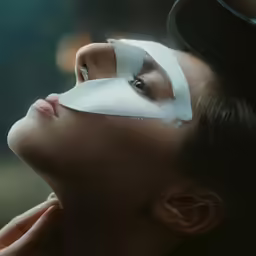 a woman wearing a white mask and a black hat with no makeup
