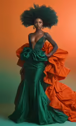 an african woman in an orange dress with large feathers
