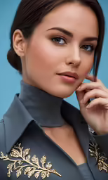 a woman in a shirt with an embroidered collar