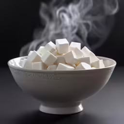 a white bowl filled with sugar cubes next to steam
