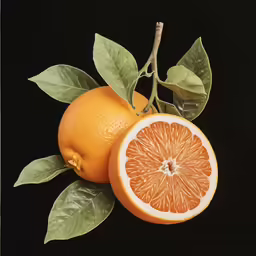 oranges with leaves on a black background