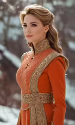 a woman wearing a long dress is in an orange outfit