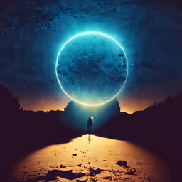 a man in the distance standing in front of an alien shaped object