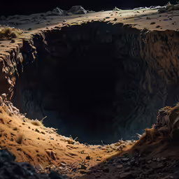a large, black hole in the desert has rocks on it