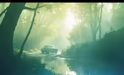 a small car driving through the dense trees