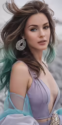 a close up of a person wearing a dress and earrings