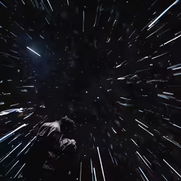 a dark and starr filled space with white and red lights