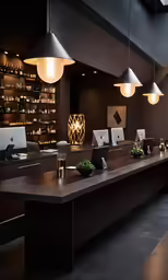 a fancy and dark interior with a wooden table