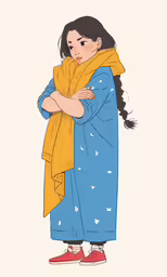 a drawing of a girl in a blue and yellow dress with an orange scarf over her shoulder