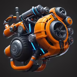 an orange and black machine with a large amount of mechanical gears