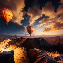two hot air balloons flying in the air over a valley