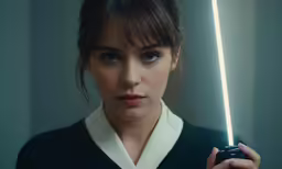 woman holding light saber pointing at camera with head slightly tilted to the right