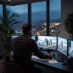 a man is working in an office at night