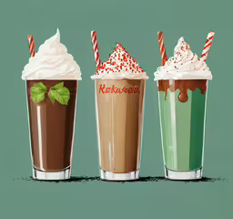 three beverages, one with whipped cream and one with chocolate,three different varieties of milkshakes next to each other
