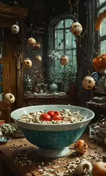 a large bowl full of vegetables sits on a table with decorations