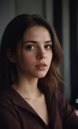 the woman with blue eyes is sitting on the couch