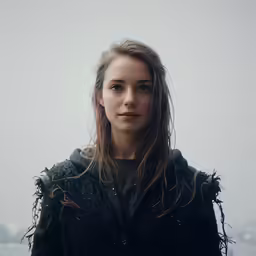 a woman in a black jacket posing for the camera