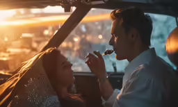 the woman is having her teeth brushed while the man is using a spoon