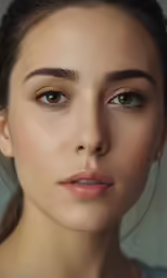 a woman with blue eyes is looking to her right