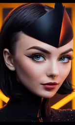 a woman with short black hair, black leather and a black cat mask