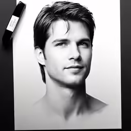 a drawing of a male shirtless model next to a pen and ink
