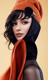 a woman with dark hair and wearing a scarf