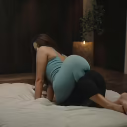 a pregnant woman is stretching on the bed