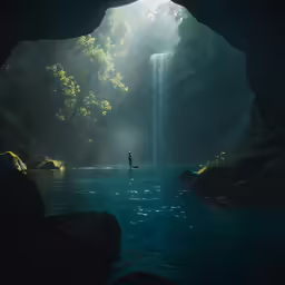 a person stands in the water at the end of a stream in front of a large waterfall