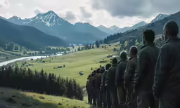 people stand in line with mountains in the background