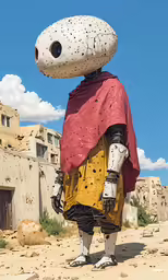 a person wearing a red scarf and a giant face