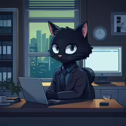 a black cat in a suit is working on a laptop computer