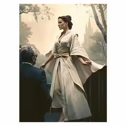 a lady in a white gown with a coat on, and another man standing near her