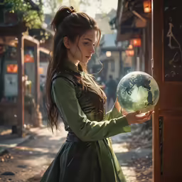 the young woman is looking at an earth globe
