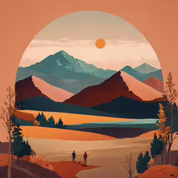 a graphic piece with the image of a couple walking in front of a mountain range,a painting of people with mountains behind them