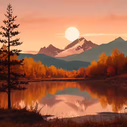some trees and water under a red sunset,a forest filled with trees and water during the sunset