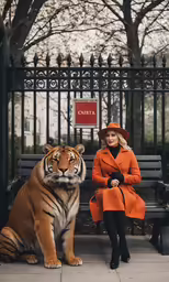 a woman is sitting on a bench with a large tiger