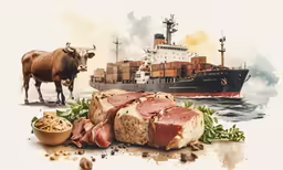 a sandwich cut into pieces and surrounded by food and a cow