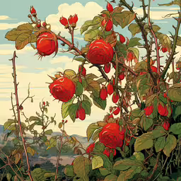 a colorful scene of several tree leaves with apples,two branches with red fruit and many leaves on them