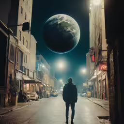 man standing alone in a deserted alley at night with a large moon