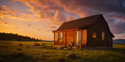 a cabin on the side of a rural field,a tiny wooden shack sitting on top of a lush green field