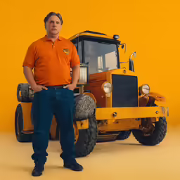 a man standing in front of a yellow tractor