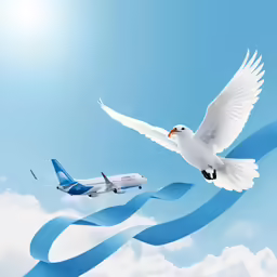 two white birds flying above an airplane on a blue strip