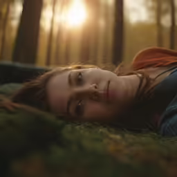 a woman laying down on the grass near some trees