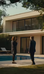 two people standing in front of a house
