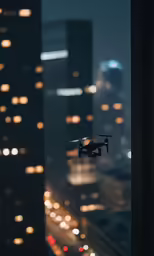 a plane flying over the city at night