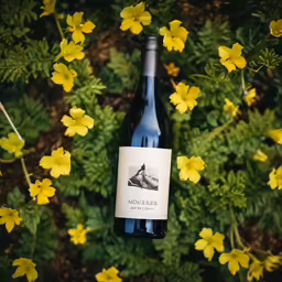 the label of a bottle of wine is laying on a flower bed