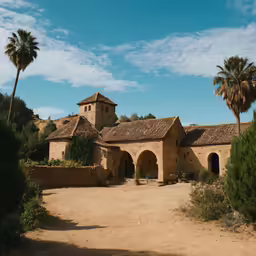a stone building and lots of trees on a dirt road