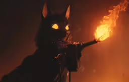 a person in black jacket holding onto flames while wearing cat costume