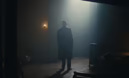 a person standing on a stage lit by a light